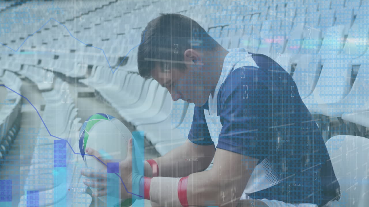 스포츠 경기장에서 럭비 선수에 대한 통계 및 데이터 처리 애니메이션