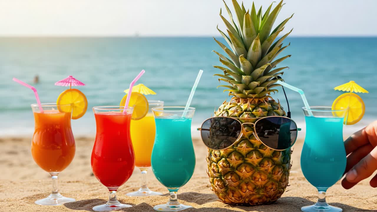 A Vibrant Beach Scene Featuring Colorful Tropical Drinks and a Sunglasses-Wearing Pineapple, Perfect for a Relaxing Summer Day by the Ocean