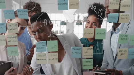 corporate-business-people-using-sticky-notes-brainstorming-problem-solving-strategy-on-glass-whiteboard-team-leader-woman-showing-solution-for-project-deadline-in-office-meeting