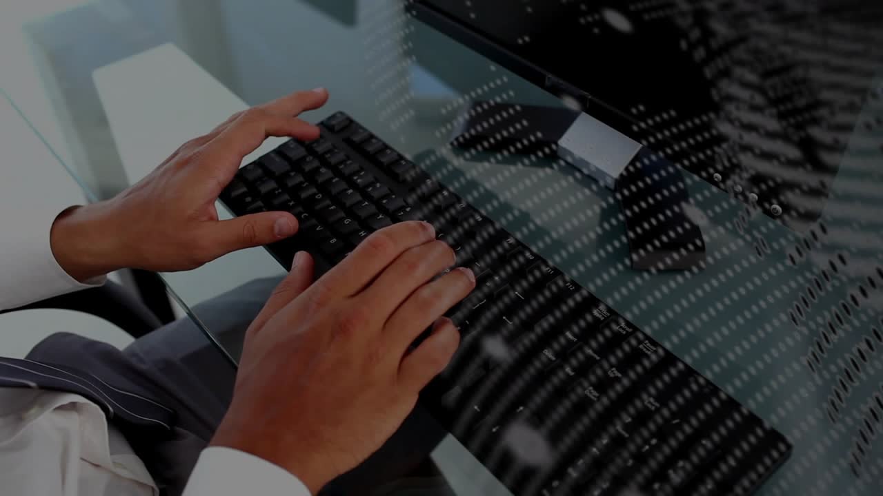 Hands resting then starting typing while binary overlay moving across glass, showing data flow