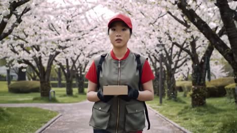 a delivery person strolls through a beautiful cherry blossom park, dressed in practical attire, holding a package. the serene spring landscape creates a tranquil atmosphere.