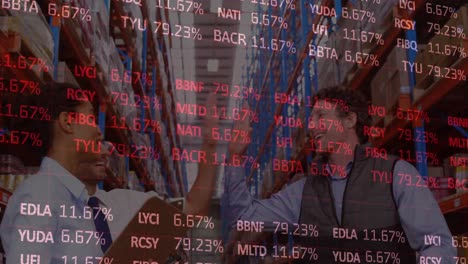 animation of stock market over diverse business people in warehouse