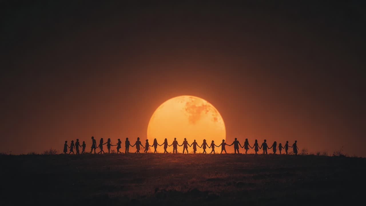 A Serene Gathering Under the Enormous Orange Moon: Celebrating Togetherness and Connection Amidst the Glow of Night's Celestial Beauty