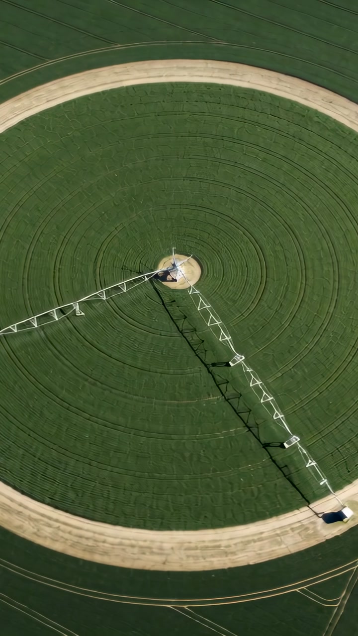 Vertical video: Aerial camera pulling back, pivot boom sweeping, tractor servicing rim on farmland