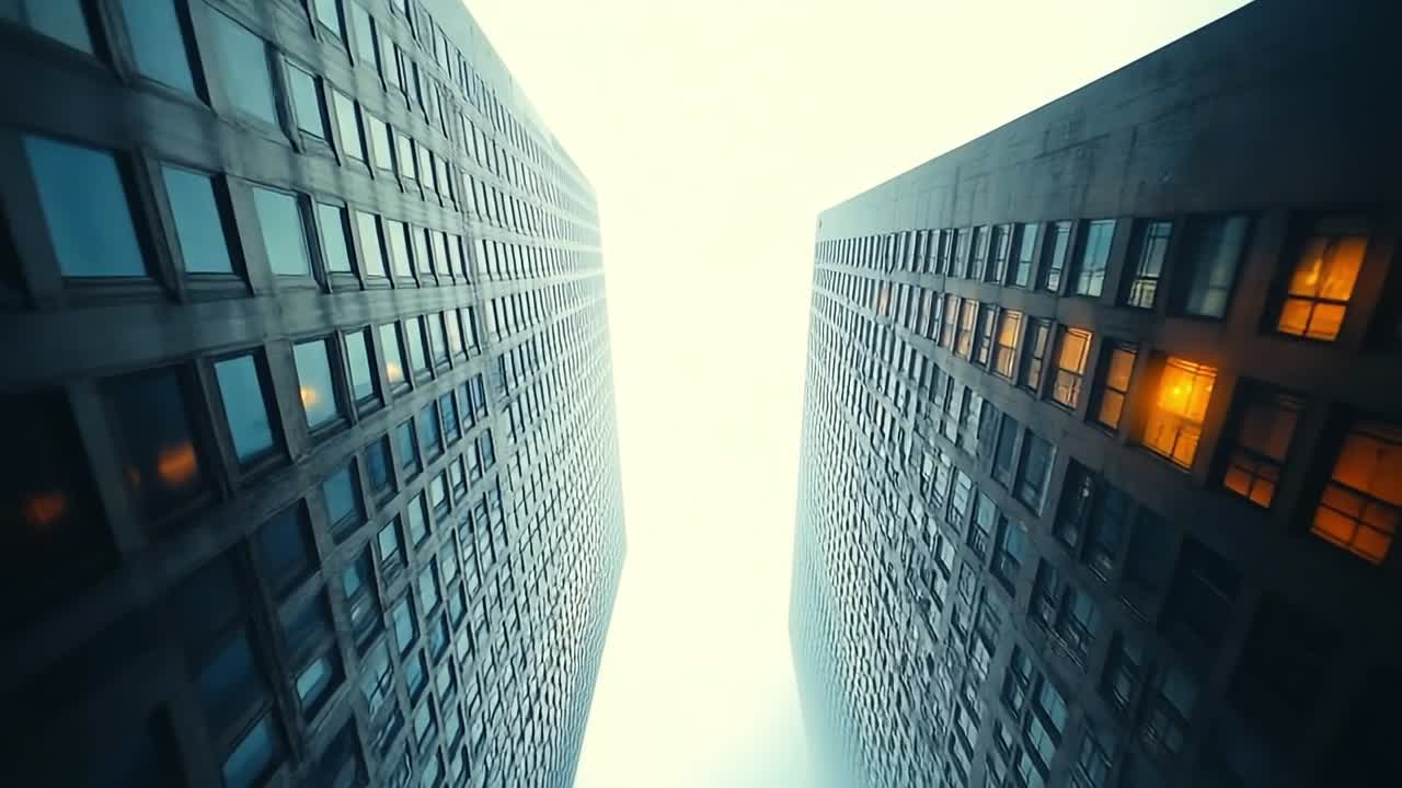 Looking up at towering buildings in fog. Tall buildings rise into the foggy sky, with warm lights glowing from some windows late in the evening.