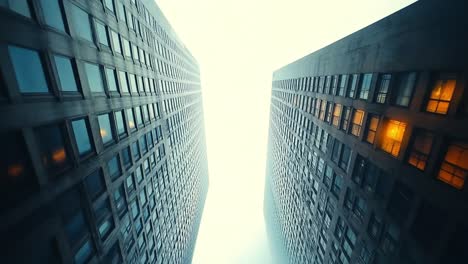 looking up at towering buildings in fog. tall buildings rise into the foggy sky, with warm lights glowing from some windows late in the evening.