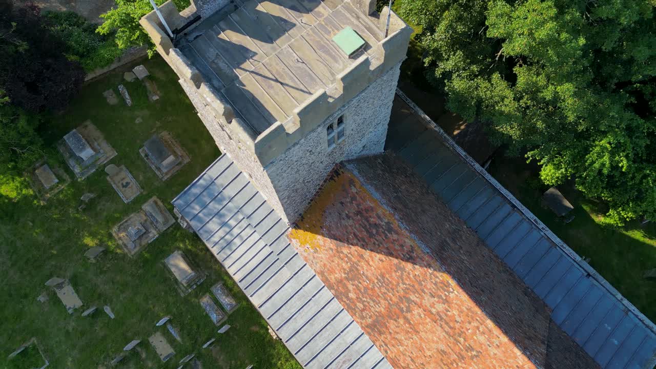 A tilted fly-over of St Andrew's church in Wickhambreaux