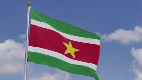 Flag-Of-Suriname-Moving-In-The-Wind-With-A-Clear-Blue-Sky-In-The-Background,-Clouds-Slowly-Moving,-Flagpole,-Slow-Motion