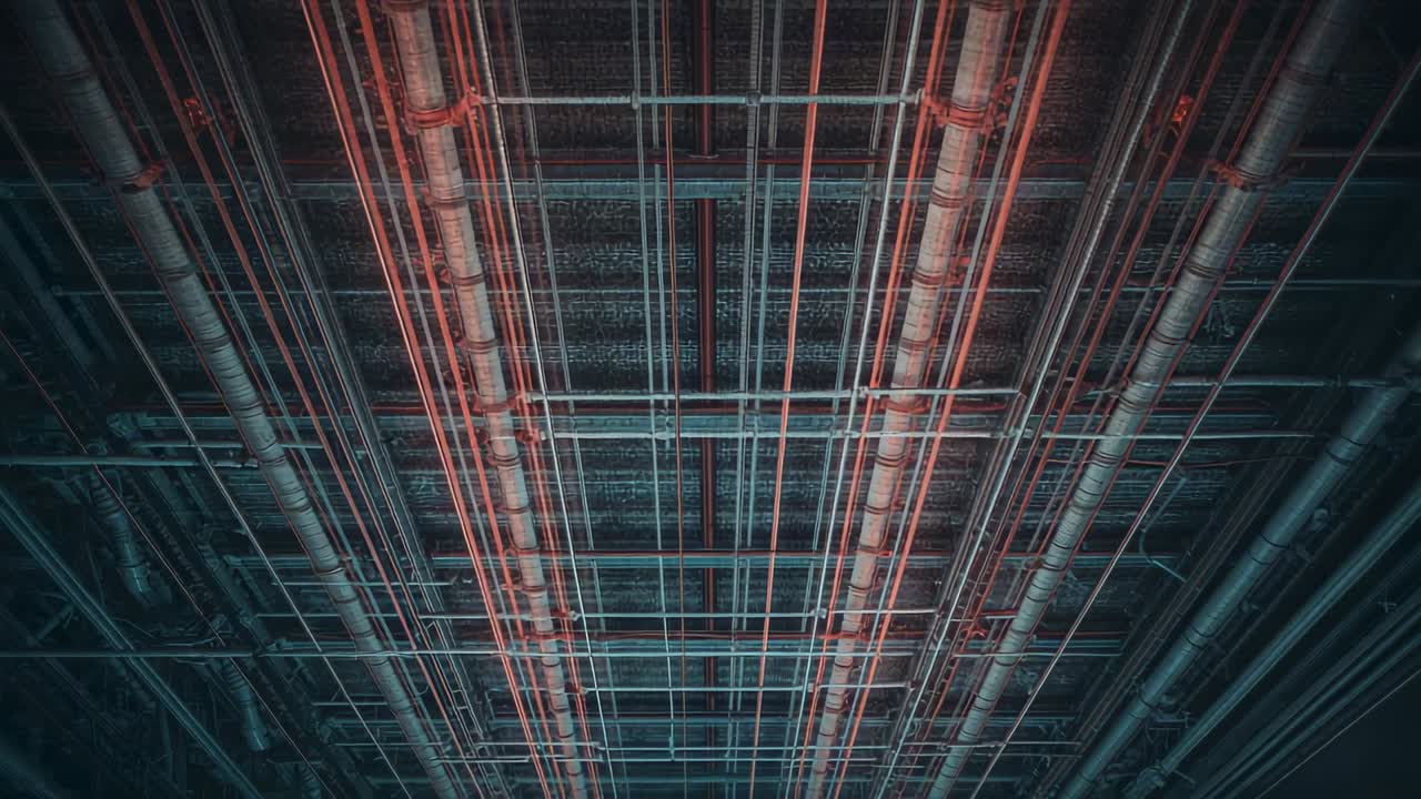 Locking camera showing overhead pipe network in factory ceiling, highlighting red blue lighting