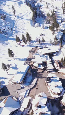 vertical aerial view, lake tahoe ski resort on sunny winter day, lifts and tracks, california usa