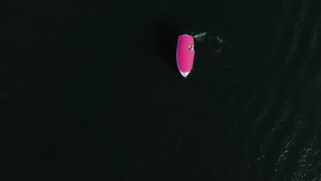 Aerial-view-of-a-pink-Duffy-boat-doing-circles