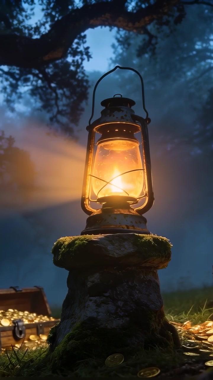 Video verticale: Lanterna a olio luminosa che illumina un forziere aperto, monete in una radura nel bosco mentre la telecamera avanza.