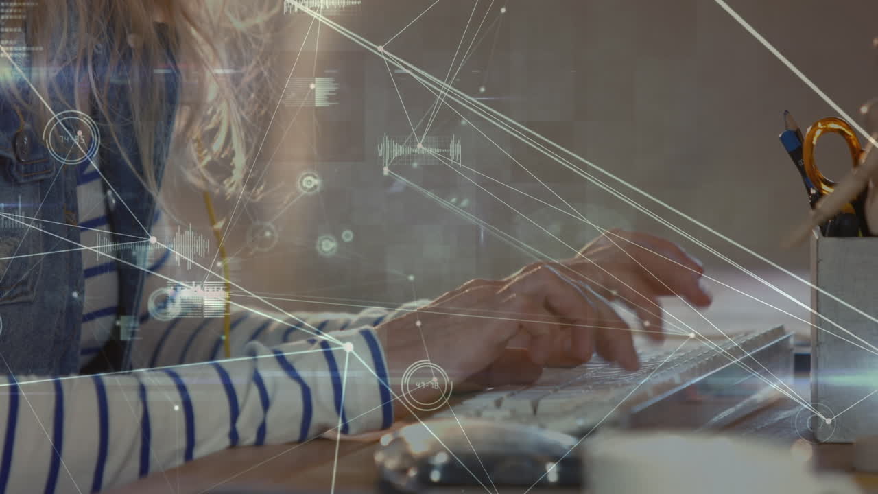 Animation of network of connections and data processing over caucasian businesswoman