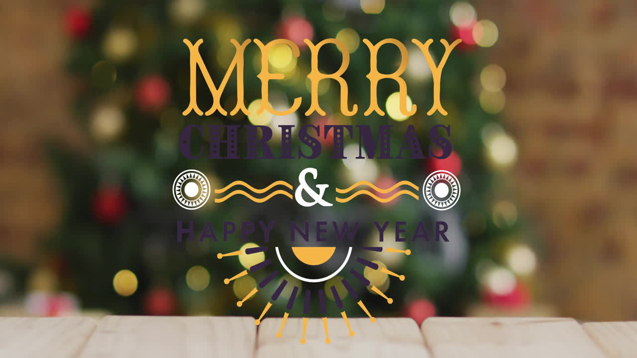Animation of merry christmas text over christmas decorations and tree