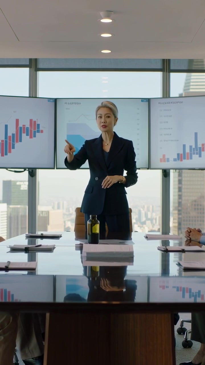 Vertical video: Advancing slides senior Asian woman in suit pointing at bar charts in boardroom