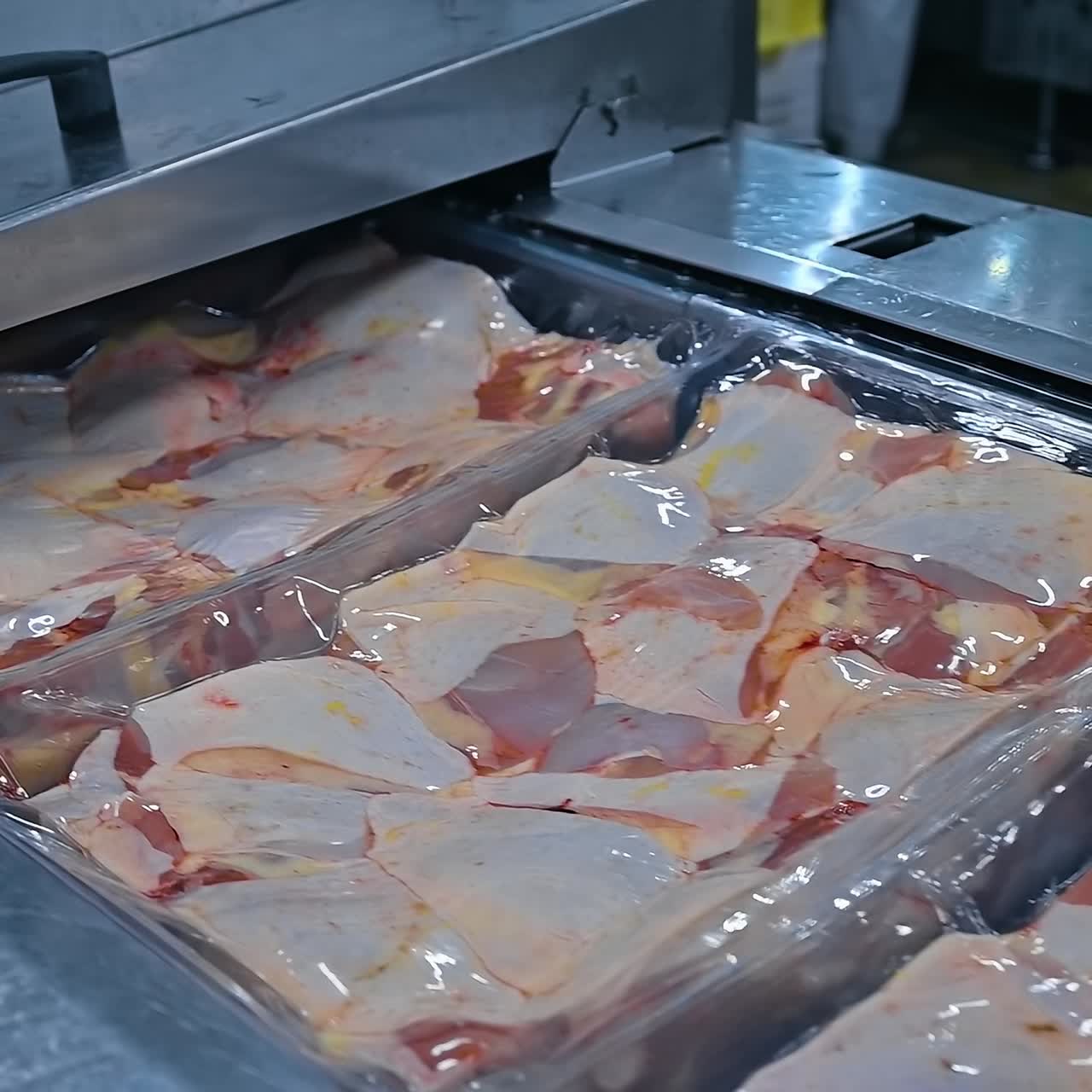 Poultry meat production on a food factory. Raw chicken meat packaged in special containers. Poultry processing plant