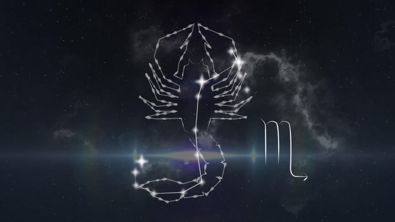Animation des Sternzeichens Skorpion auf Rauchwolken im Hintergrund