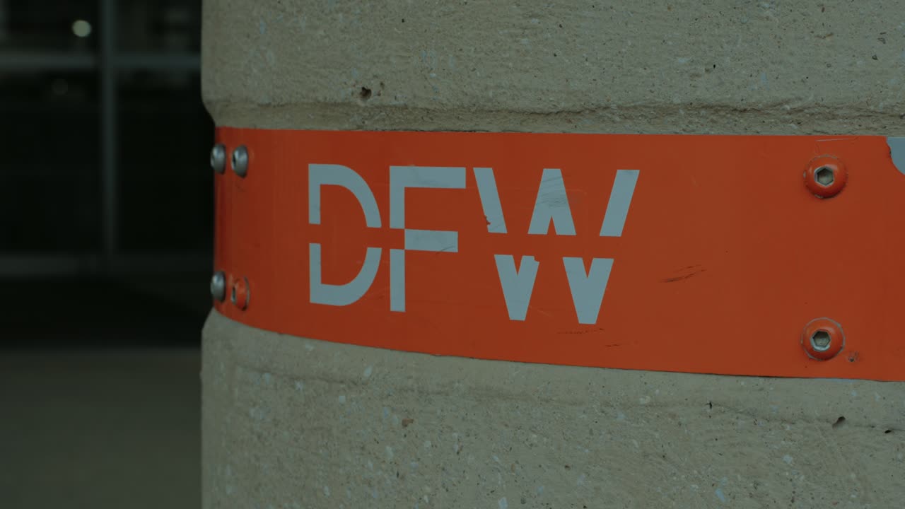 Texas, Dallas Fort Worth Airport DFW Signage on Concrete Column with Orange Background