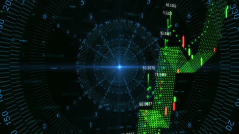 visualizing stock market data with animation, numbers, and charts on dark background