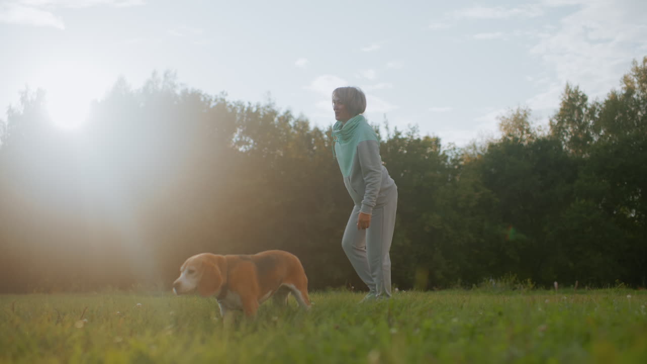 Bulldog sniffing ground on grassy field while owner exercises joyfully with big smile outdoors under bright sunlight in peaceful park surrounded by trees showcasing active lifestyle