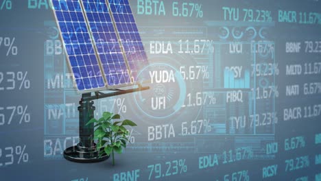 animación del procesamiento de datos financieros a través de paneles solares sobre fondo azul