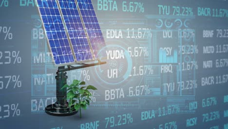 animation of financial data processing over solar panel on blue background