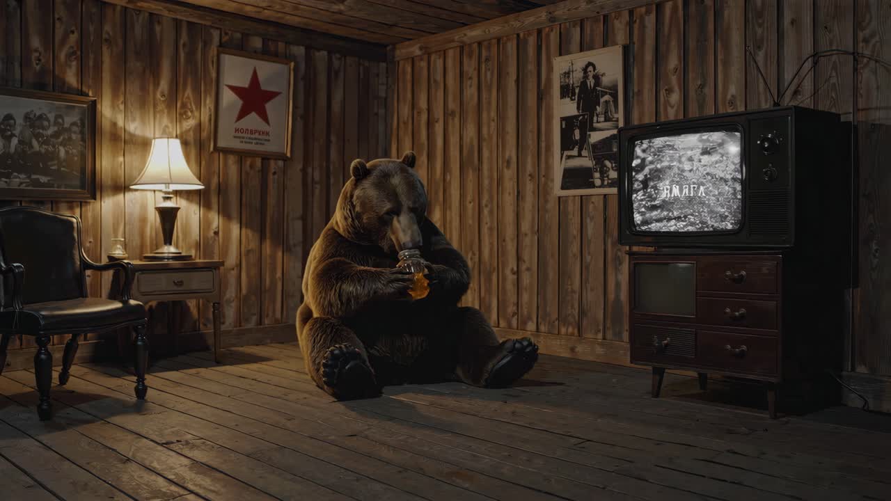 이 레트로 오두막에서 tv를 보고 있다