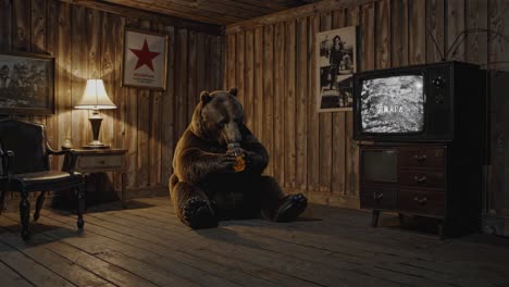 oso viendo la televisión en una cabaña retro