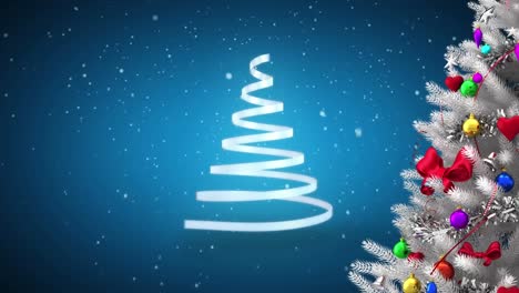 Animation-Eines-Weihnachtsbaums-Mit-Weißem-Band-Und-Fallendem-Schnee