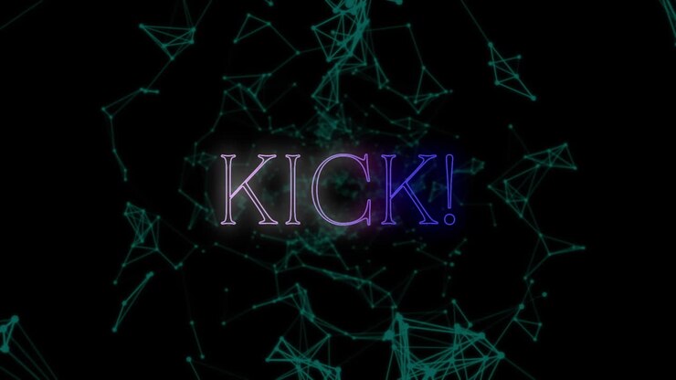 Animazione del testo kick in neon rosa e blu, su rete verde su sfondo nero