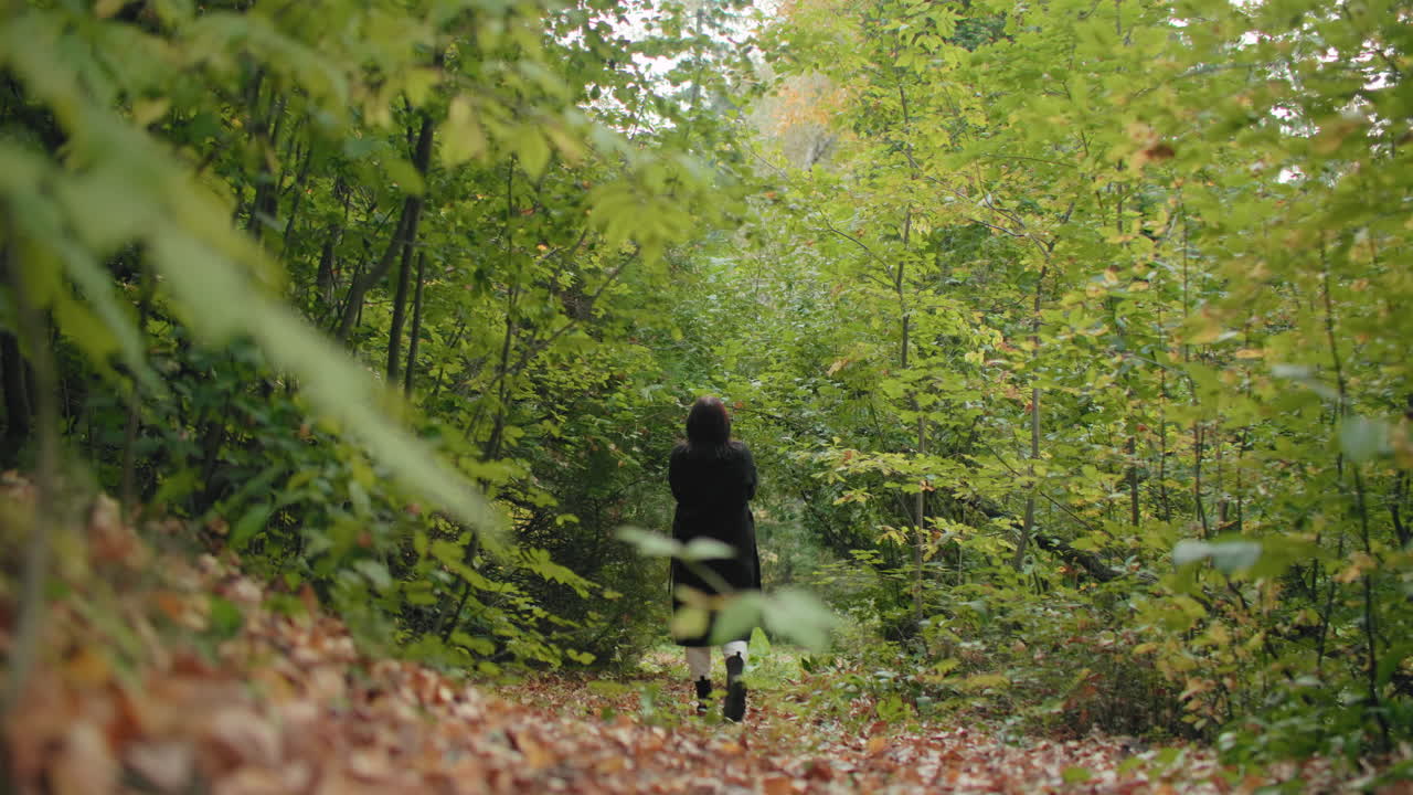 나뭇잎 카펫이 깔린 숲길을 거닐고 있는 아늑한 뒷모습의 어린 소녀, 검은색 코트와 부츠를 신고 여유로운 가을 산책, 고요한 녹색 복도, 부드러운 보케, 평화로운 주말, 차분한 야외 분위기
