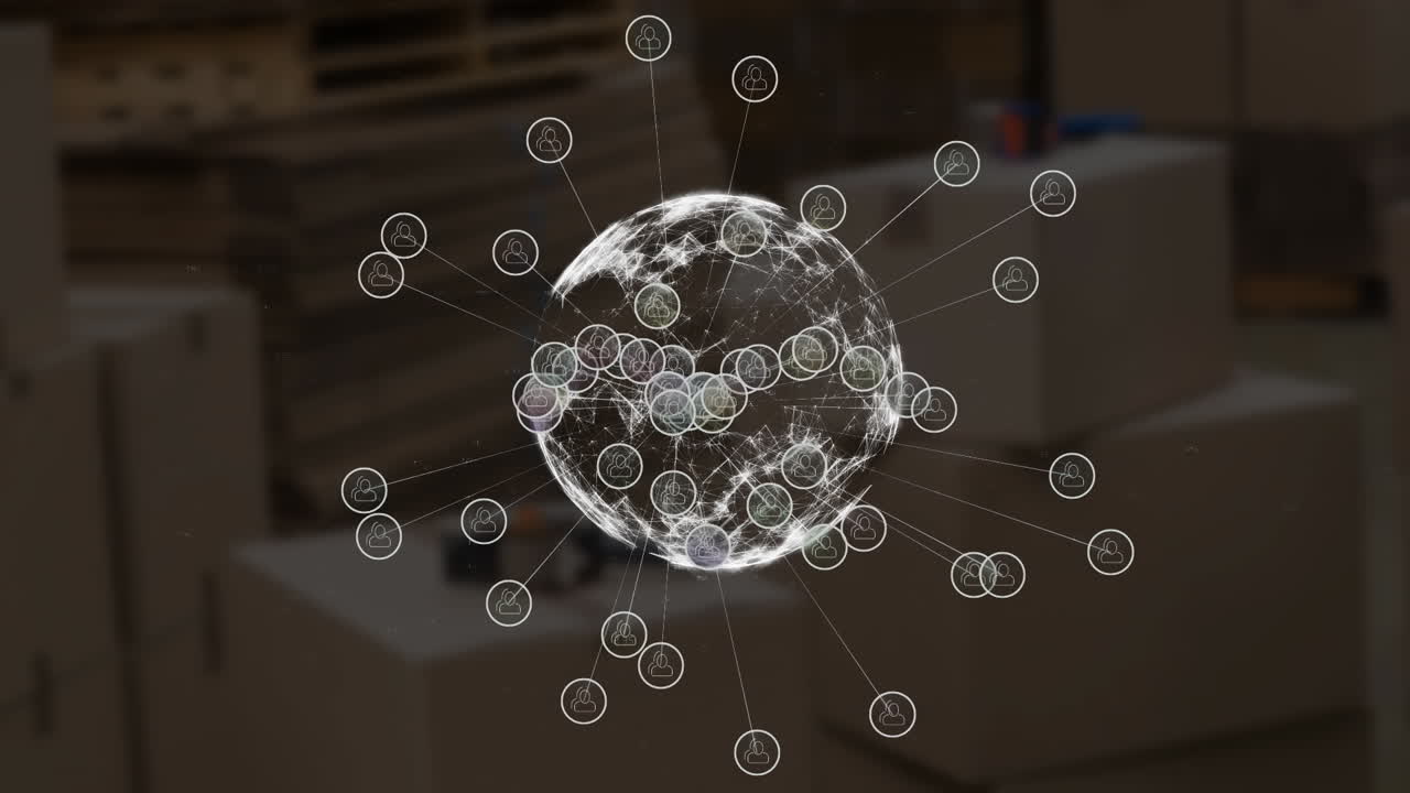 디지털 아이콘, 글로브 및 카드보드로 연결된 네트워크의 애니메이션