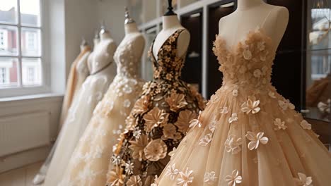 exquisite bridal gowns on display in a fashion boutique