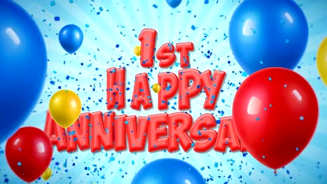 el texto rojo del primer feliz aniversario aparece en las explosiones de confeti popper que caen y las partículas de brillo, los coloridos globos voladores, la animación de bucle sin fisuras para los deseos, el saludo, la fiesta, la invitación, la tarjeta.