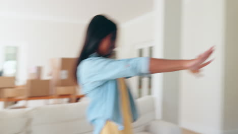 dance, new home and excited couple in living room