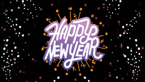 animación de texto de feliz año nuevo en blanco, sobre fuegos artificiales naranja, rojo y blanco sobre fondo negro