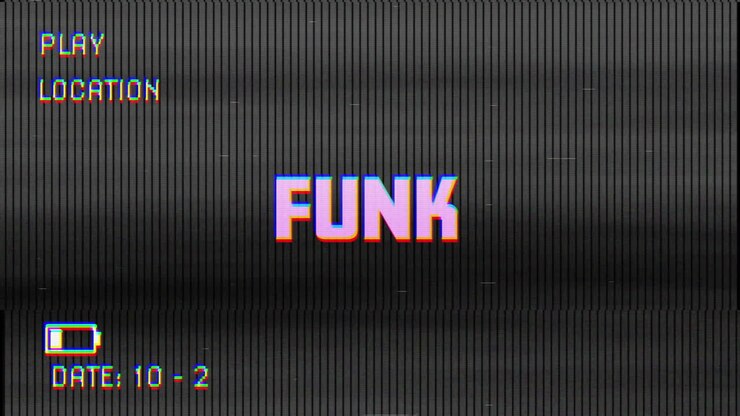 Digital animation of glitch vhs effect over funk text against black background