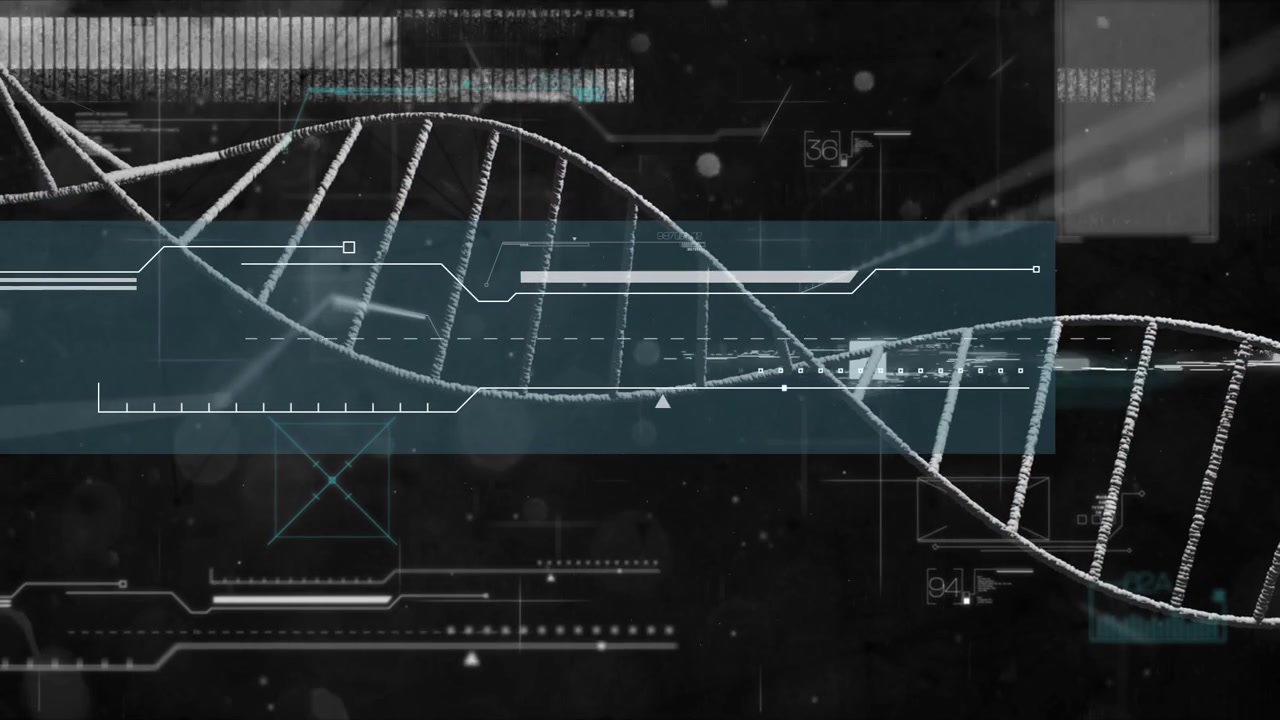 Teal scan band sliding from left, double-helix oscillating and HUD measuring for real-time analysis