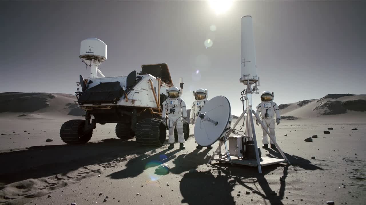 Zooming camera capturing three suited astronauts monitoring instruments on barren plain with rover
