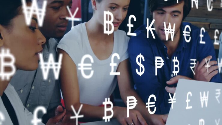 Animazione di simboli di valuta con diversi colleghi che discutono insieme davanti a un laptop in ufficio sullo sfondo