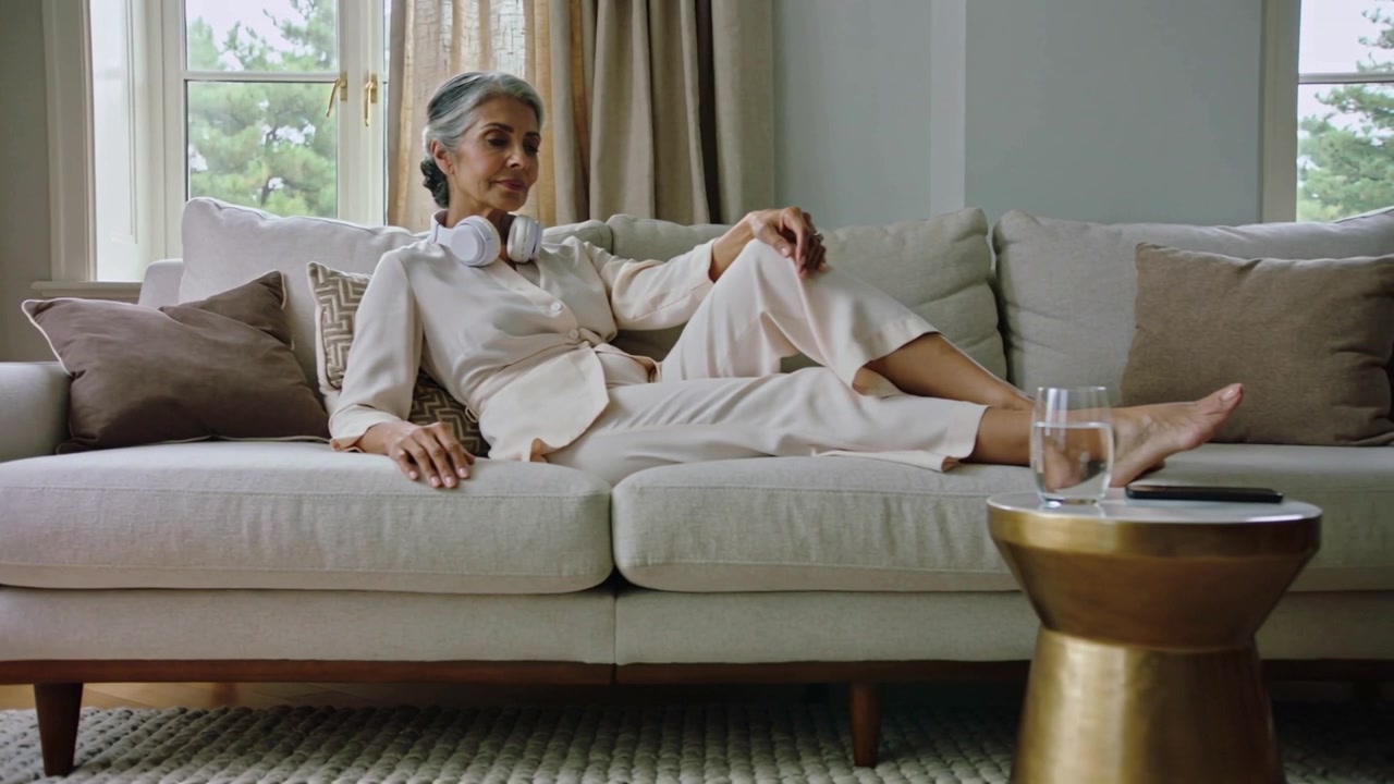Sunlight causing woman in light suit reclining and adjusting leg at home with headphones, tablet