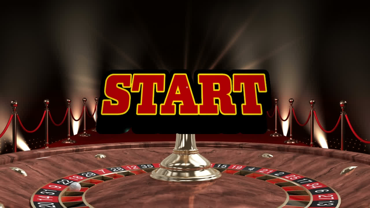 Animazione di un banner di testo "start" su una roulette, un tappeto rosso e barriere dorate