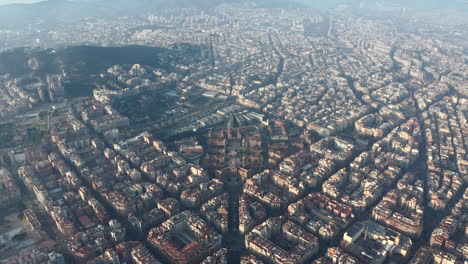 Aerial-panoramic-footage-of-town-development.-Historic-complex-of-buildings-of-Sant-Pau-hospital.-Barcelona,-Spain
