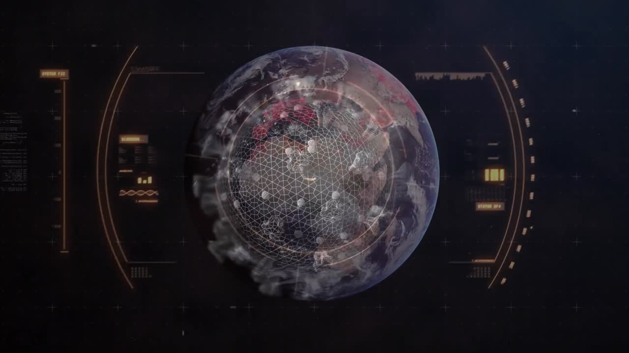 Animation of covid 19 cell over globe, scope scanning and data processing