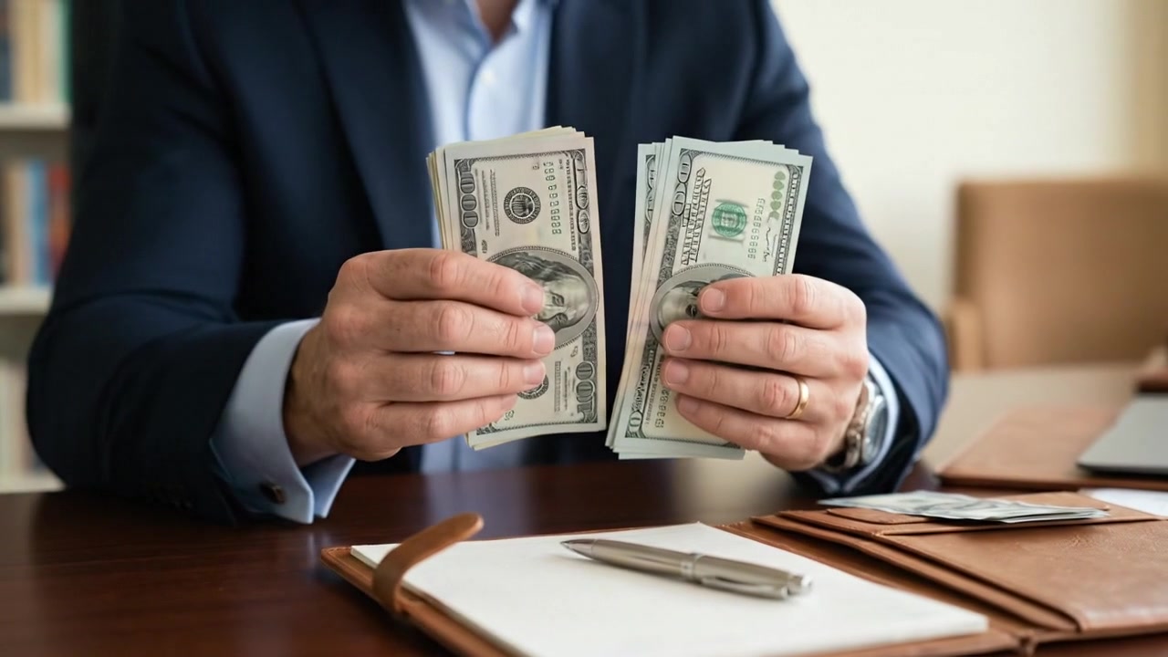 Empresario profesional contando dinero en su escritorio en una oficina corporativa.