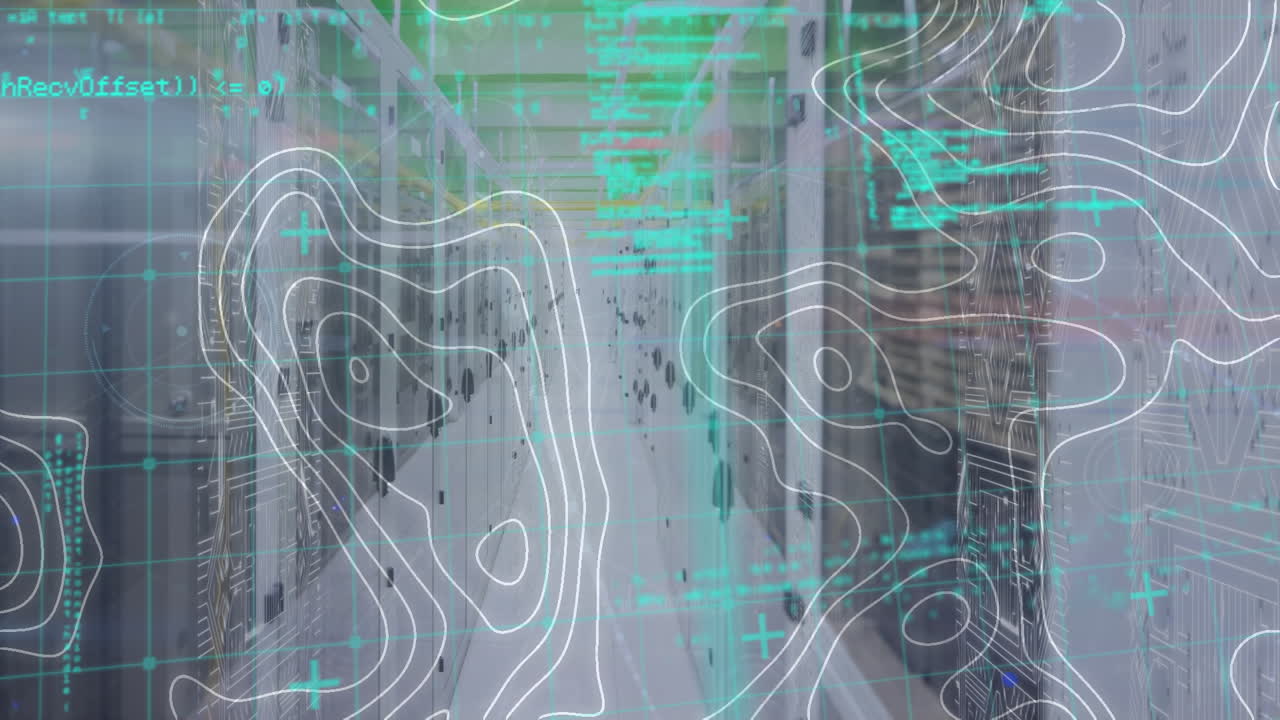 animación de microprocesador con patrones abstractos y códigos de programación en la sala del servidor