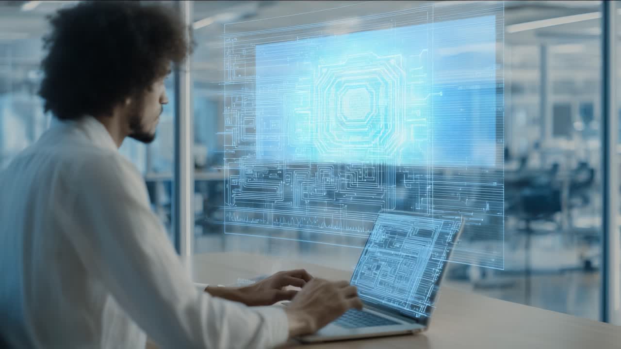 A focused individual engages with futuristic technology, manipulating advanced digital interfaces while collaborating on innovative solutions in a modern workspace
