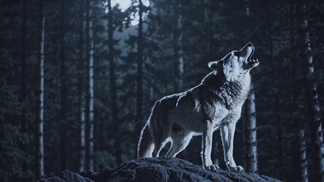 A dramatic video of a lone wolf howling on a rocky outcrop under moonlight, set against a dense