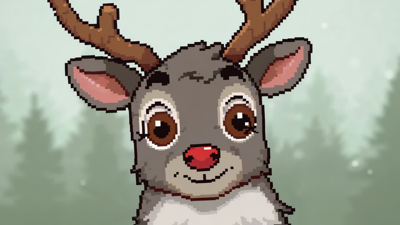 Animating pixel-art antlered reindeer opening eyes, camera zooming in pine forest, showing red nose