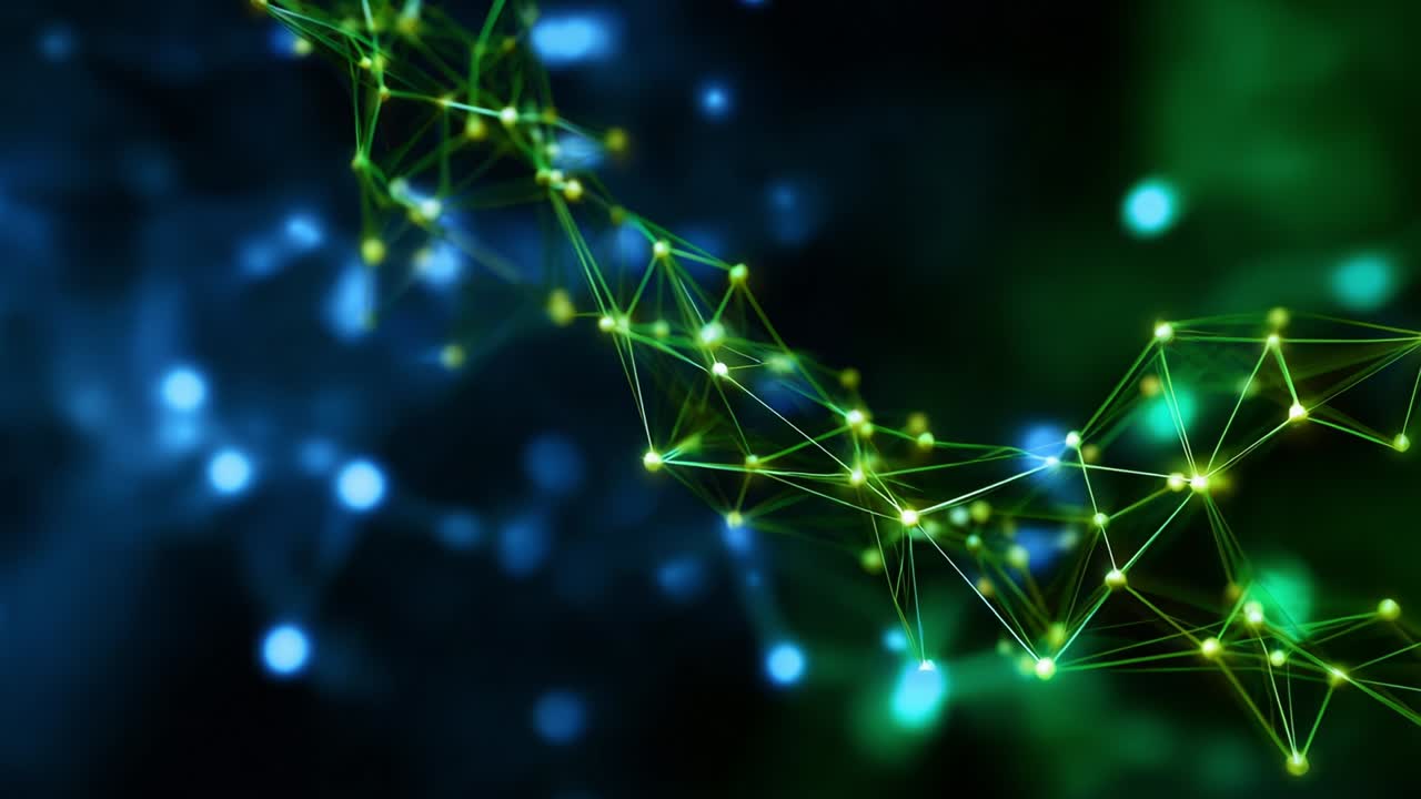 A captivating visualization of interconnected nodes and luminous points emphasizing the digital realm and modern technology, showcasing a vibrant network of glowing connections against a dark backdrop